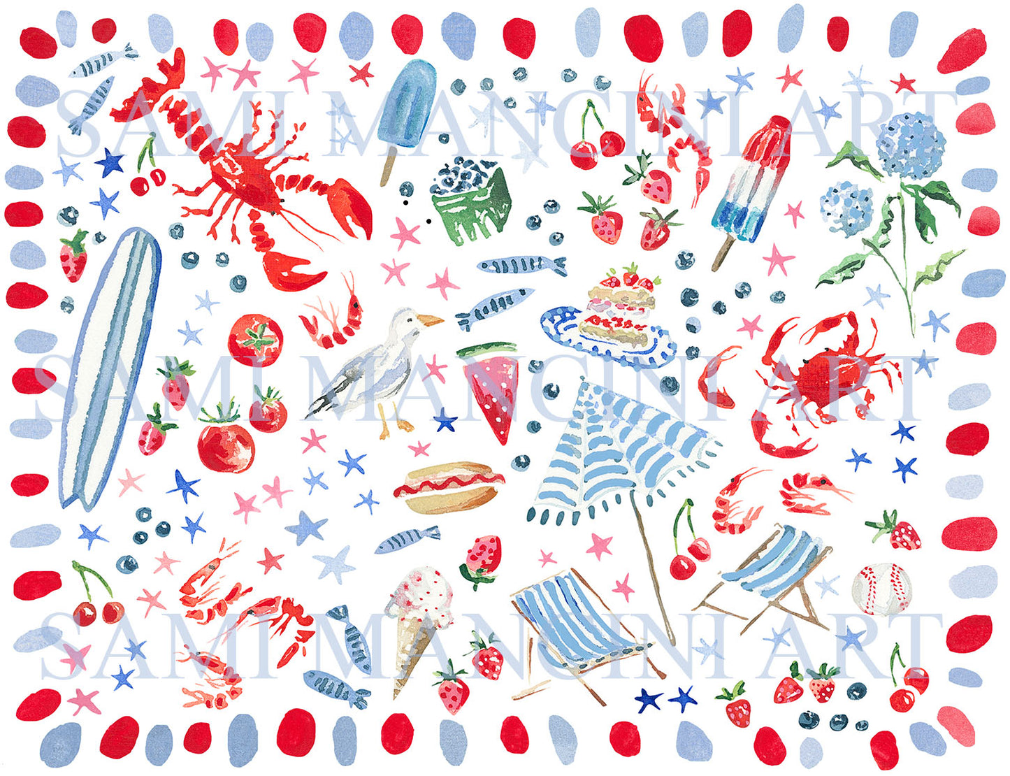 Red White and Blue Summer Watercolor Art Print