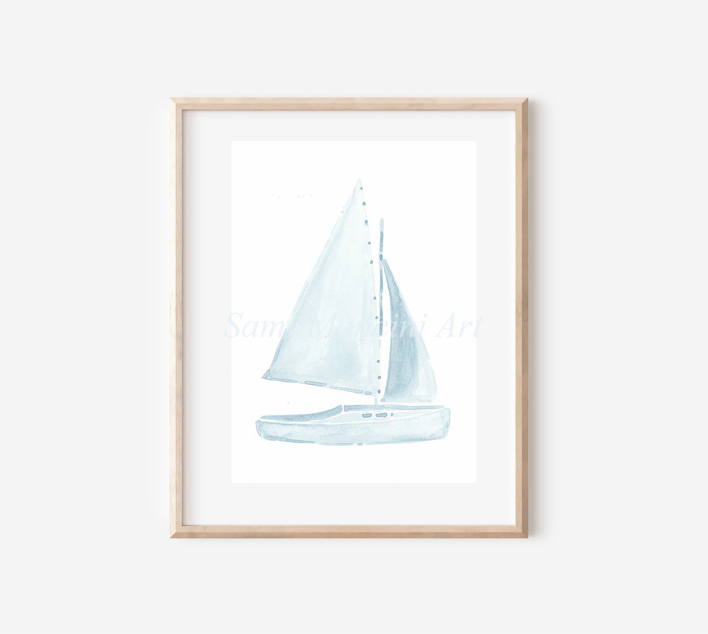 Watercolor Sailboat Blue and White Print