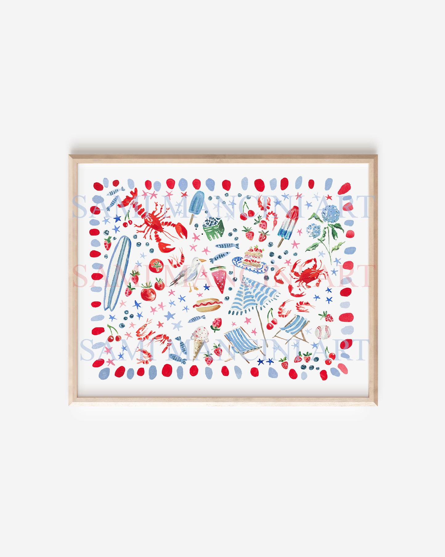 Red White and Blue Summer Watercolor Art Print
