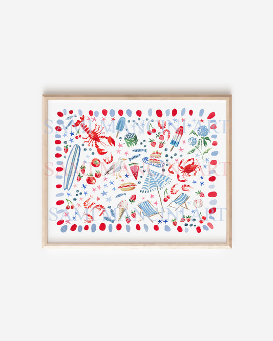Red White and Blue Summer Watercolor Art Print