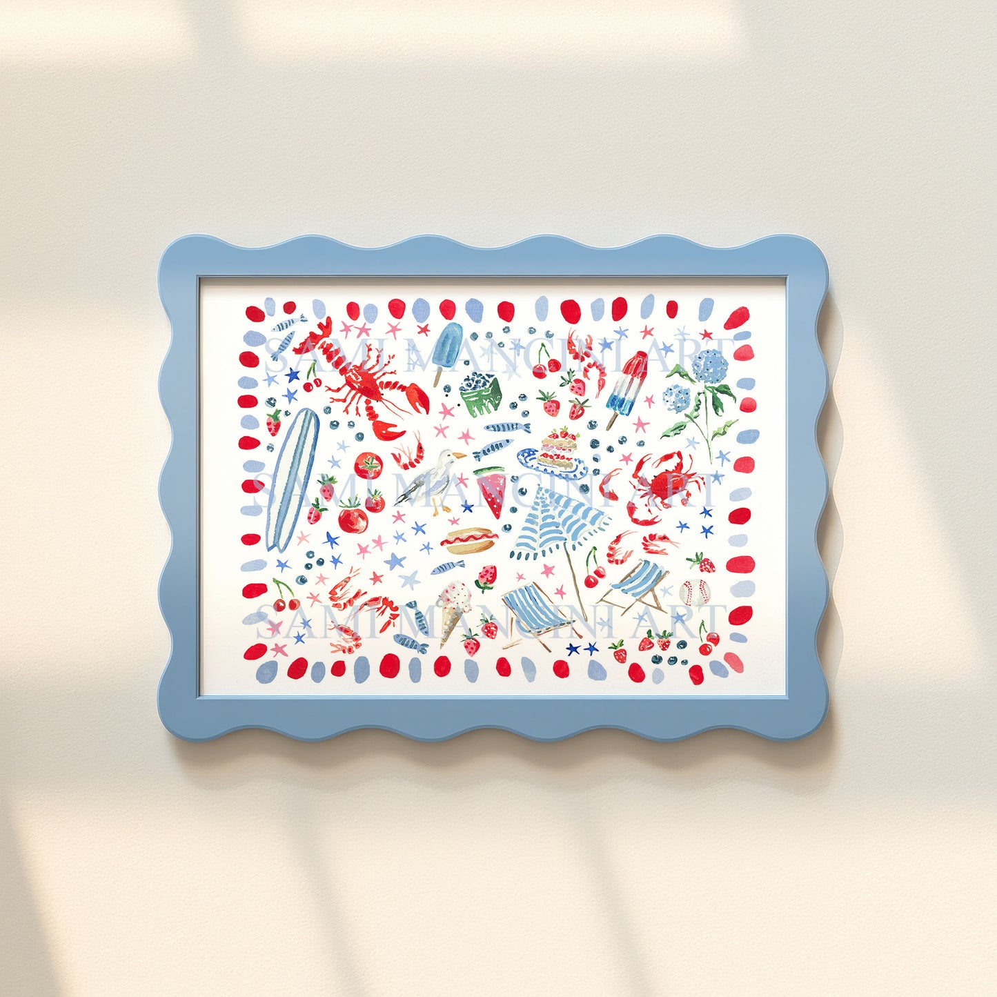Red White and Blue Summer Watercolor Art Print